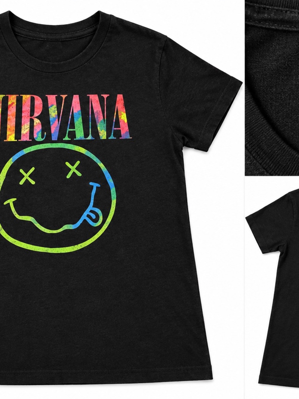 NIRVANA Black Tee with Rainbow Tie-Dye Logo